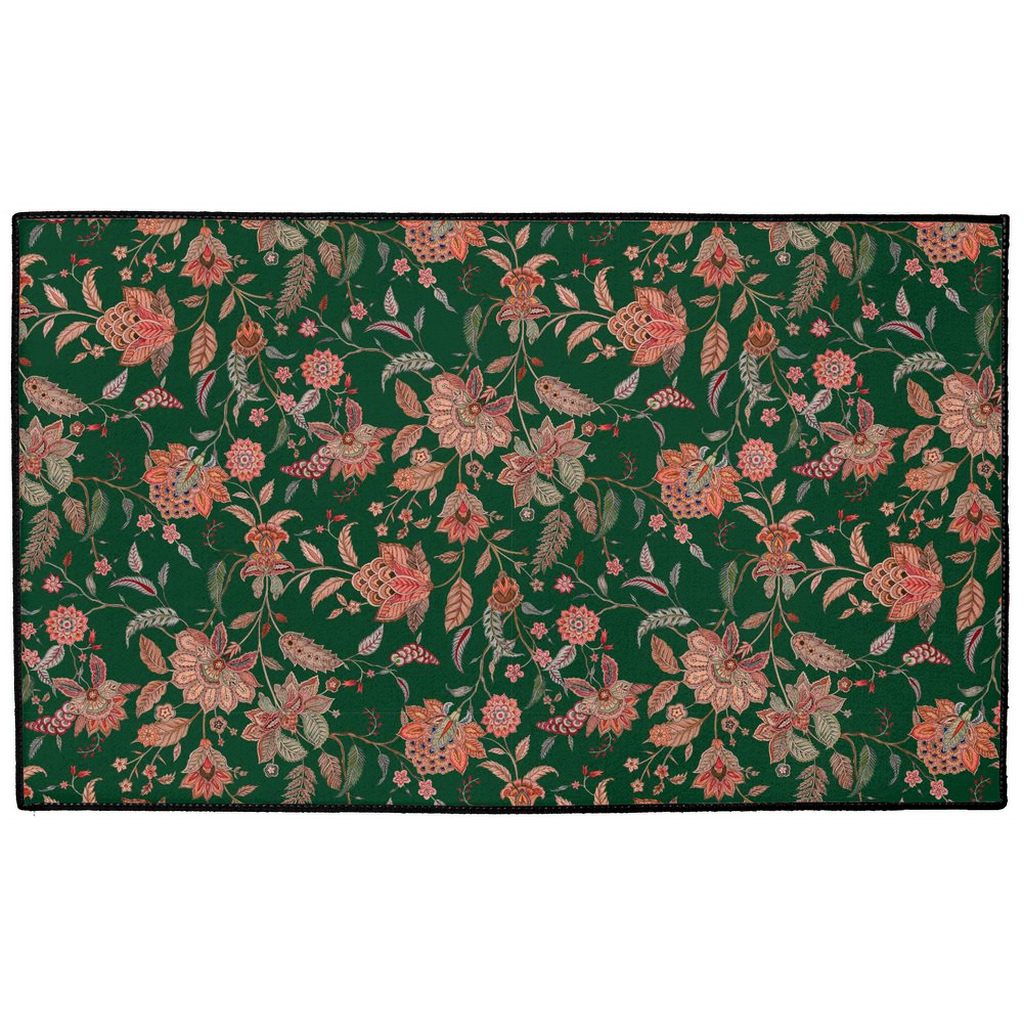 Kashmir Chintz Indoor/Outdoor Floor Mat Dark Green Pink Floral