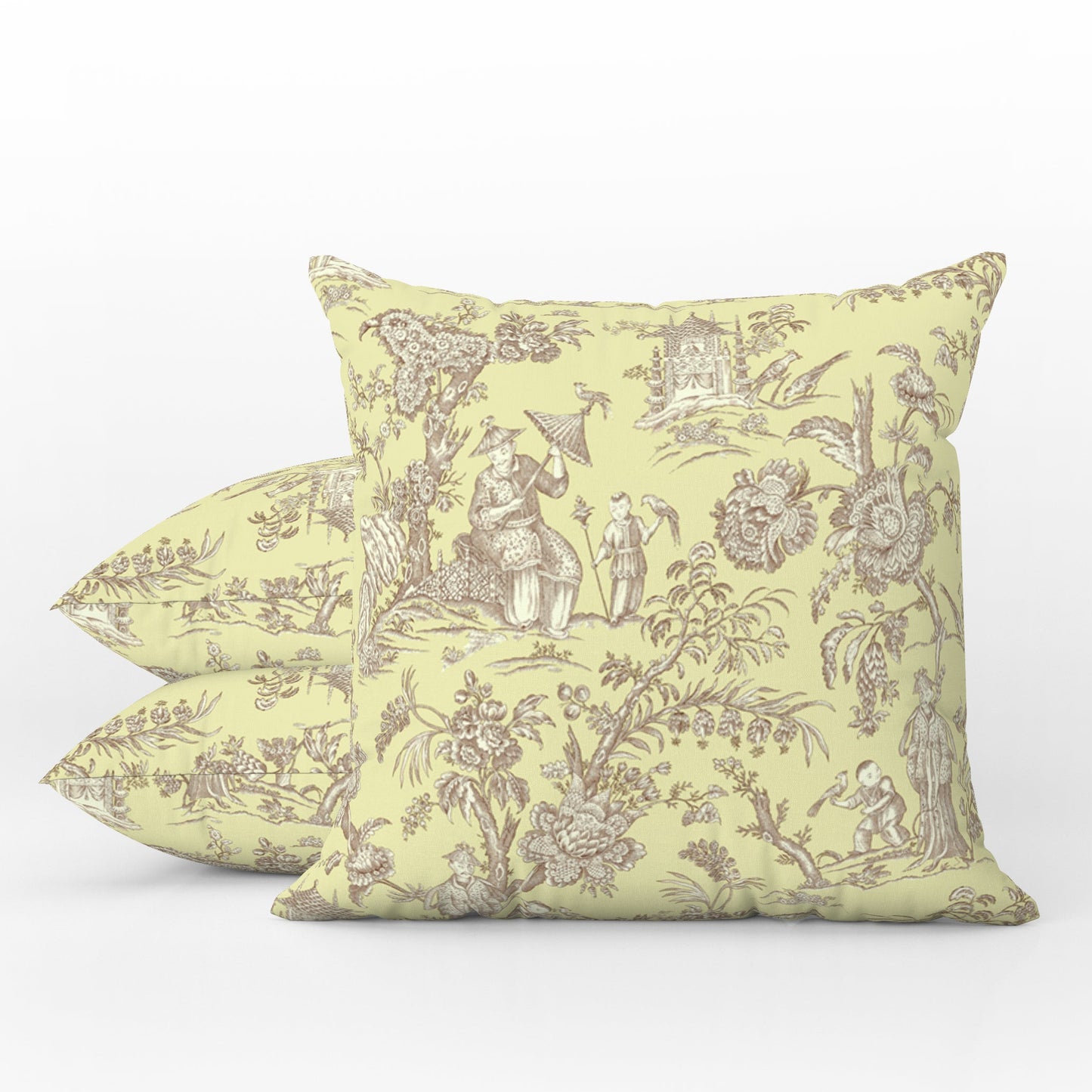 Chinoiserie Outdoor Pillows Antique Yellow Sepia Toile de Jouy