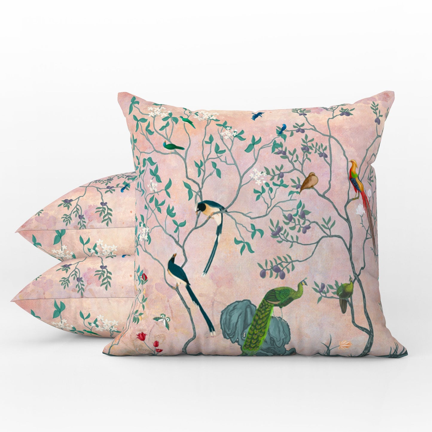 Chinoiserie Birds Outdoor Pillows Pink Blush Floral