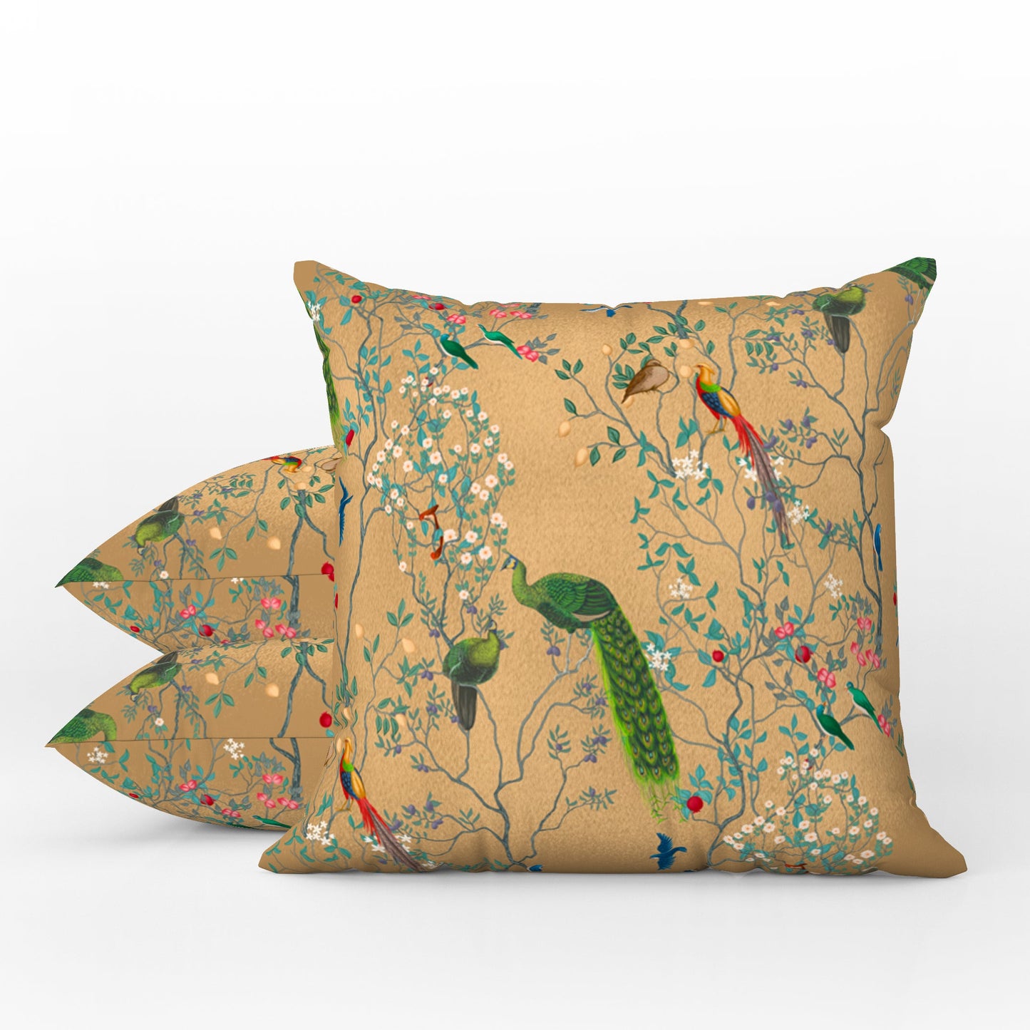 Chinoiserie Outdoor Pillows Golden Oriental Peacock Garden
