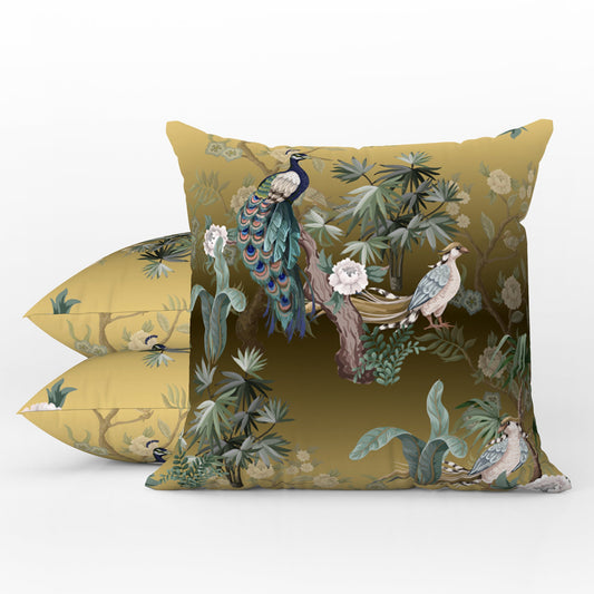 Chinoiserie Outdoor Pillows Golden Peacock Floral