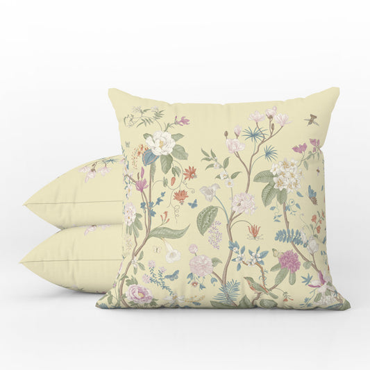 Chinoiserie Fresco Outdoor Pillows Light Lemon Yellow Floral