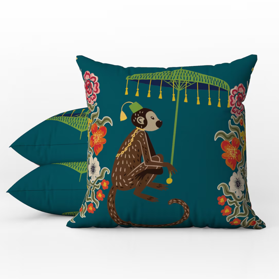 Kuta Outdoor Pillows Teal Chinoiserie Monkey Umbrella