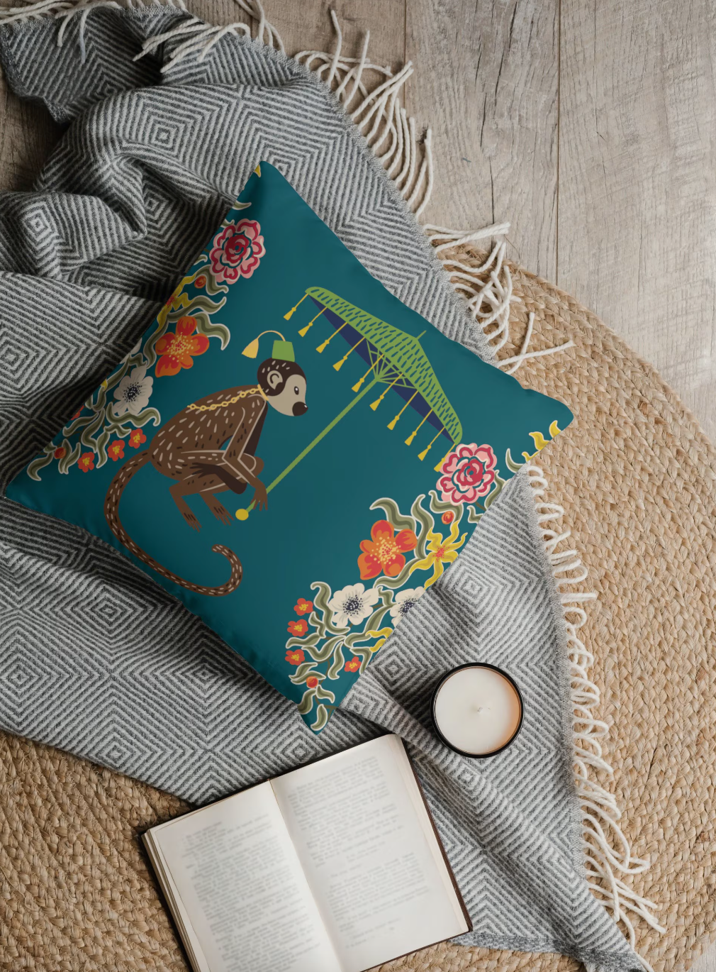Kuta Outdoor Pillows Teal Chinoiserie Monkey Umbrella