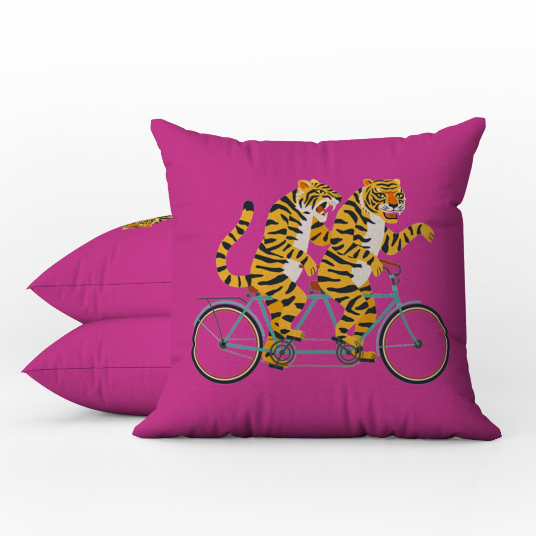 Bengal Outdoor Pillows Hot Pink Biking Tigers