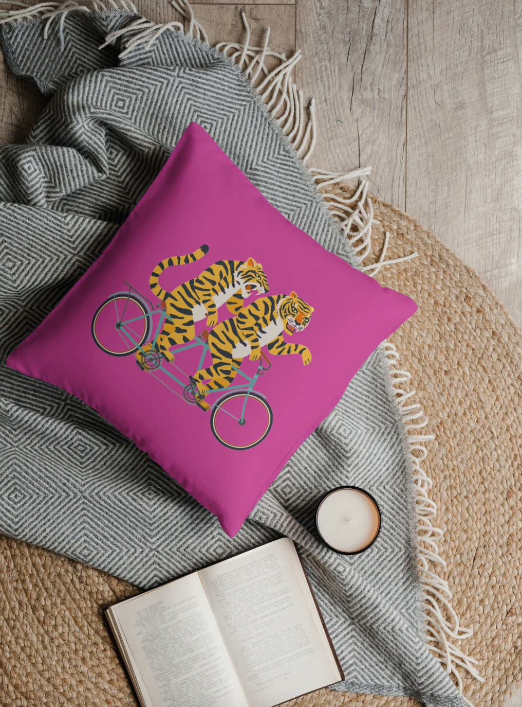 Bengal Outdoor Pillows Hot Pink Biking Tigers