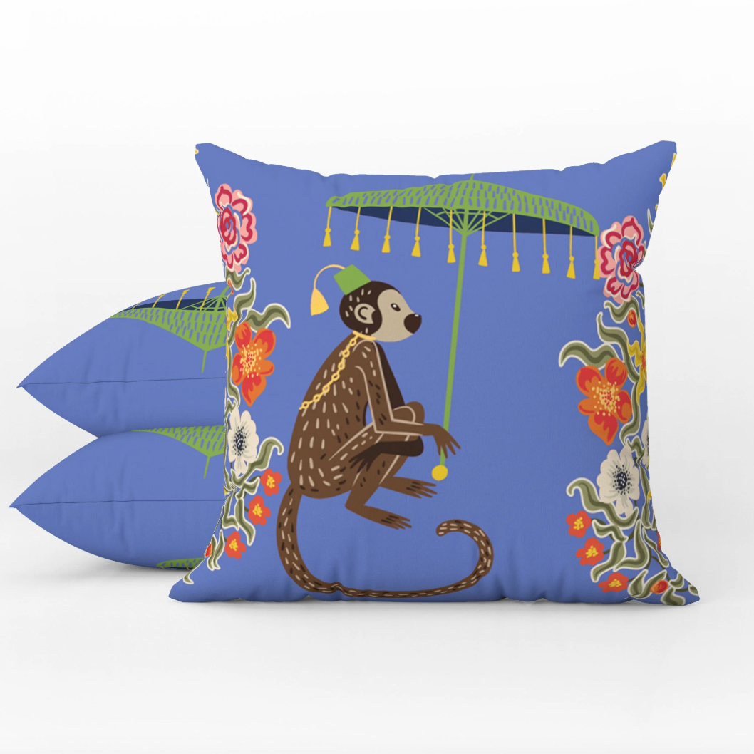 Kuta Outdoor Pillows Violet Blue Chinoiserie Monkey Umbrella