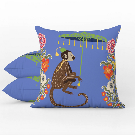 Kuta Outdoor Pillows Violet Blue Chinoiserie Monkey Umbrella