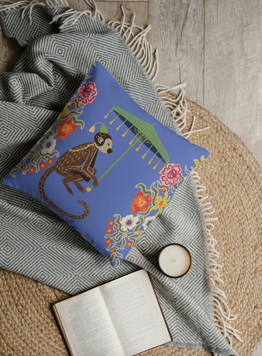 Kuta Outdoor Pillows Violet Blue Chinoiserie Monkey Umbrella