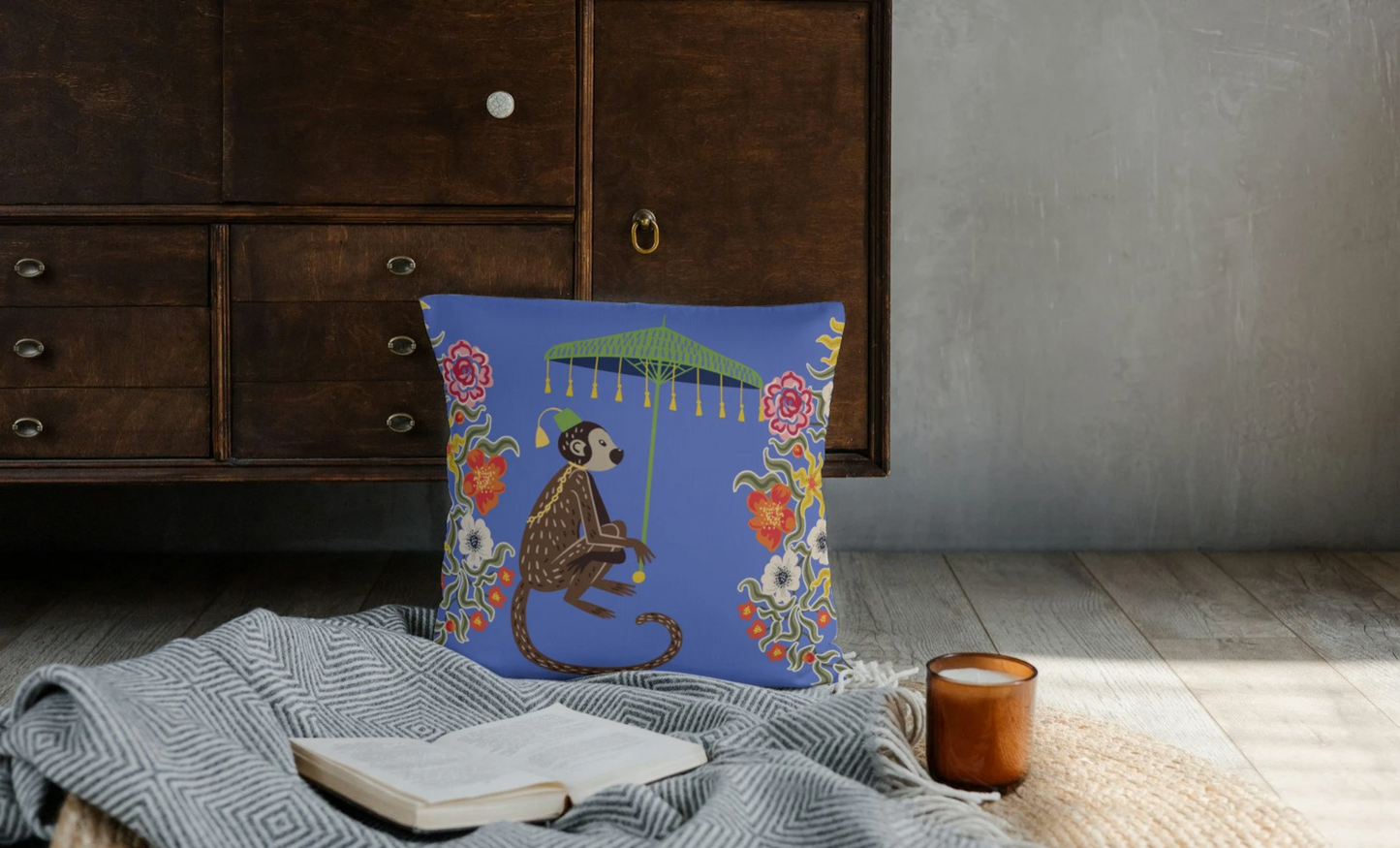 Kuta Outdoor Pillows Violet Blue Chinoiserie Monkey Umbrella