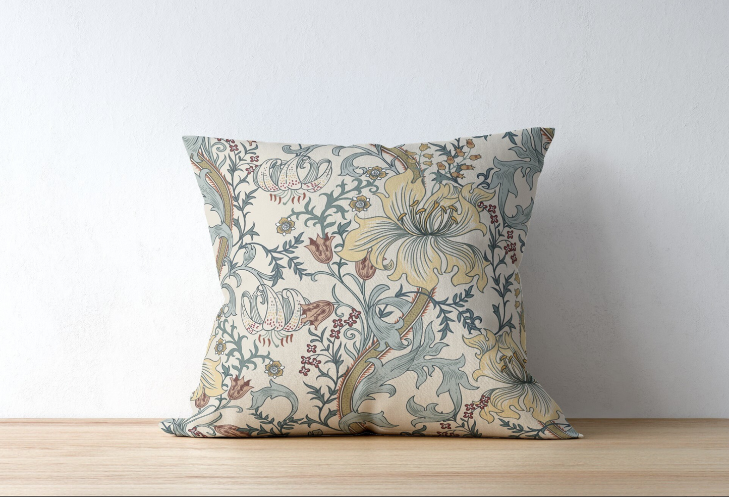 Enchanted Golden Lily Outdoor Pillow William Morris Blue Cream