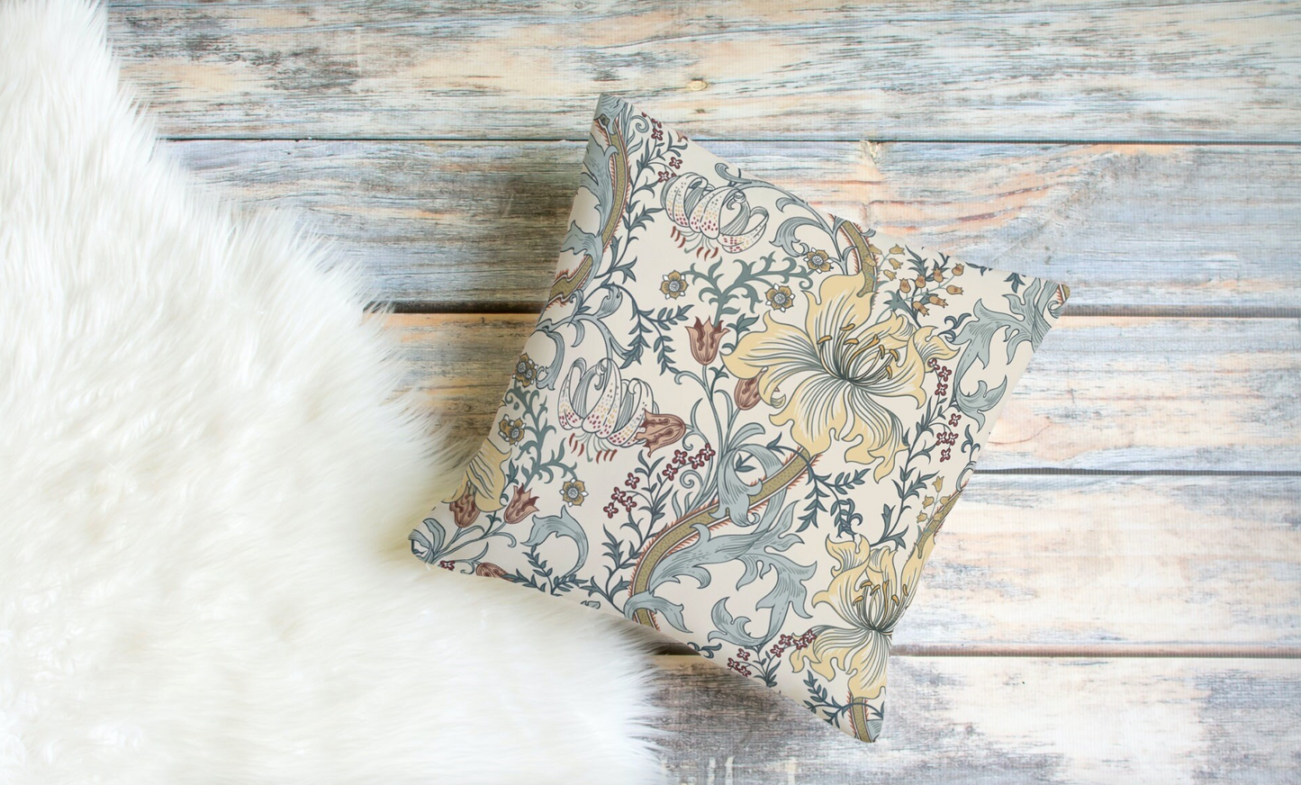 Enchanted Golden Lily Outdoor Pillow William Morris Blue Cream