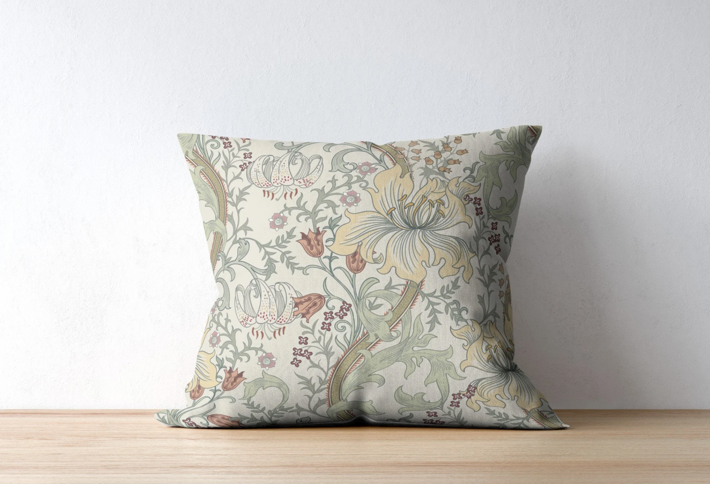Enchanted Golden Lily Outdoor Pillow William Morris Light Sage Green