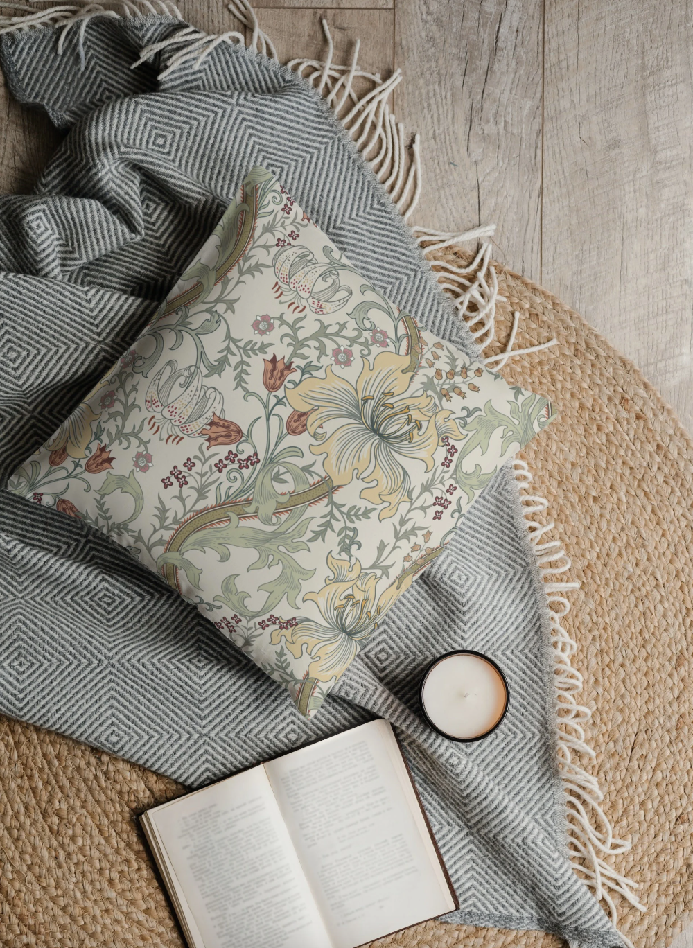 Enchanted Golden Lily Outdoor Pillow William Morris Light Sage Green