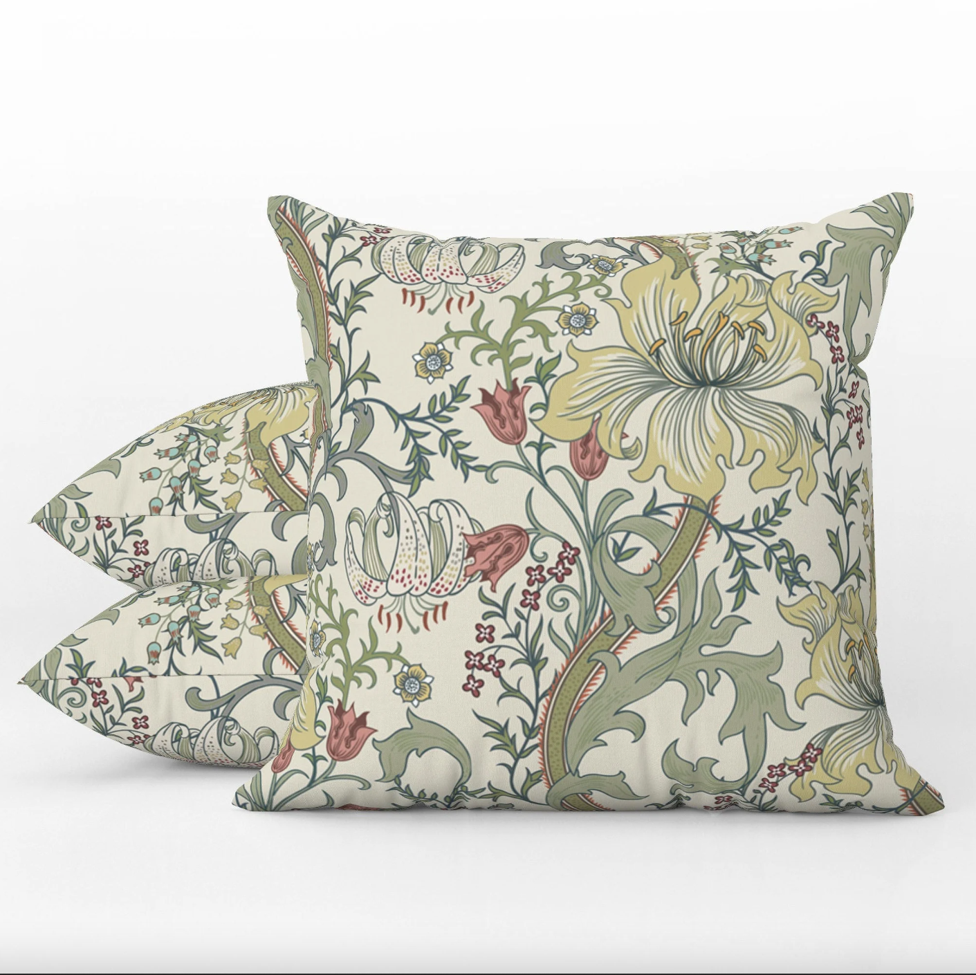 Enchanted Golden Lily Outdoor Pillow William Morris Sage Green
