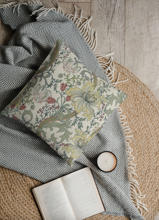 Enchanted Golden Lily Outdoor Pillow William Morris Sage Green