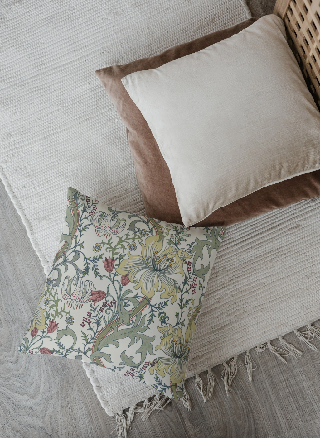 Enchanted Golden Lily Outdoor Pillow William Morris Sage Green