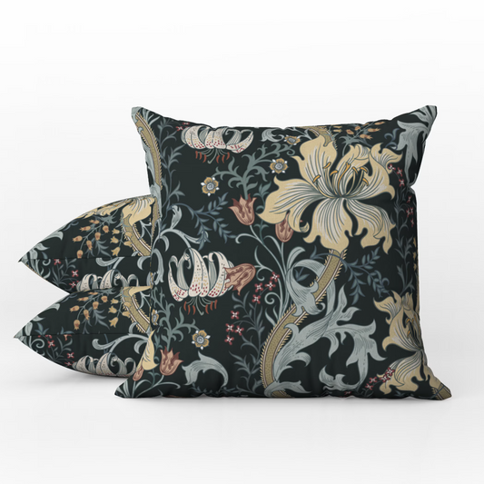 Enchanted Golden Lily Outdoor Pillow William Morris Dark Black Floral