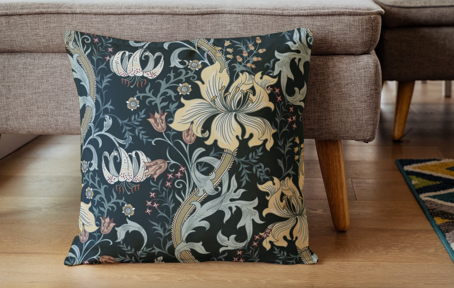 Enchanted Golden Lily Outdoor Pillow William Morris Dark Black Floral
