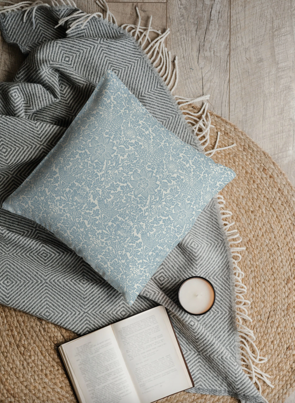 Bird & Anemone Outdoor Pillow William Morris Soft Blue