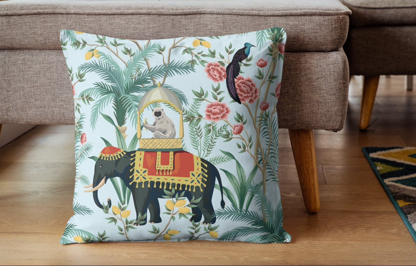 Jaipur Outdoor Pillows Chinoiserie Blue Monkey Elephant
