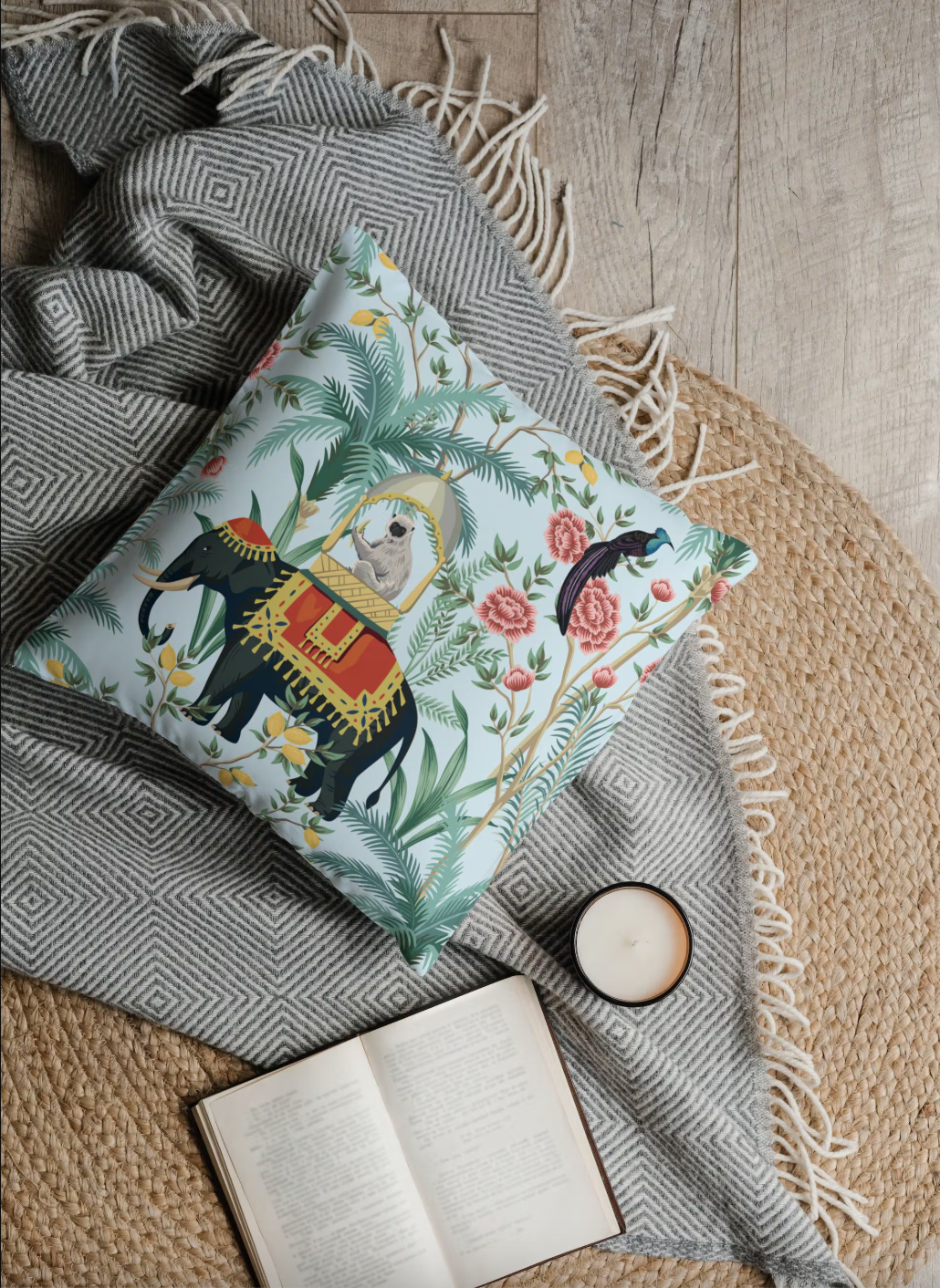 Jaipur Outdoor Pillows Chinoiserie Blue Monkey Elephant