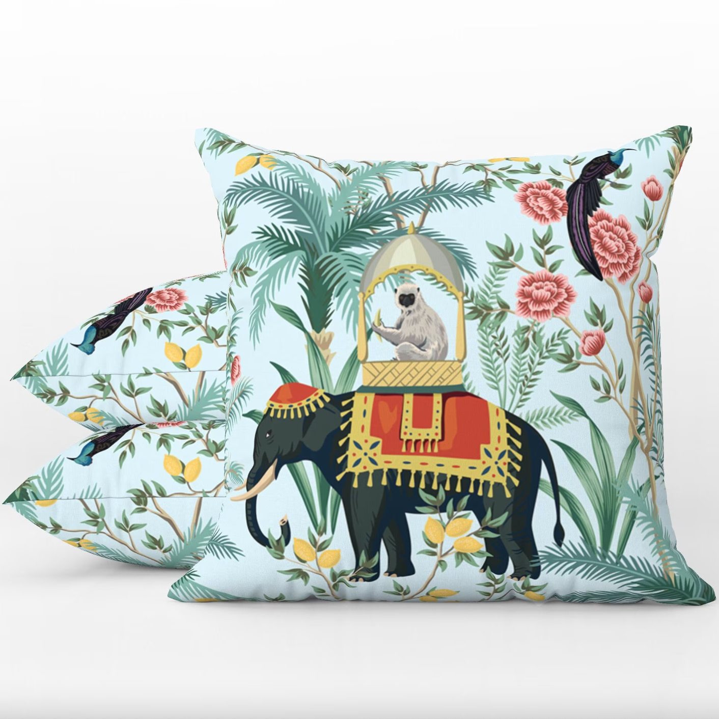 Jaipur Outdoor Pillows Chinoiserie Blue Monkey Elephant
