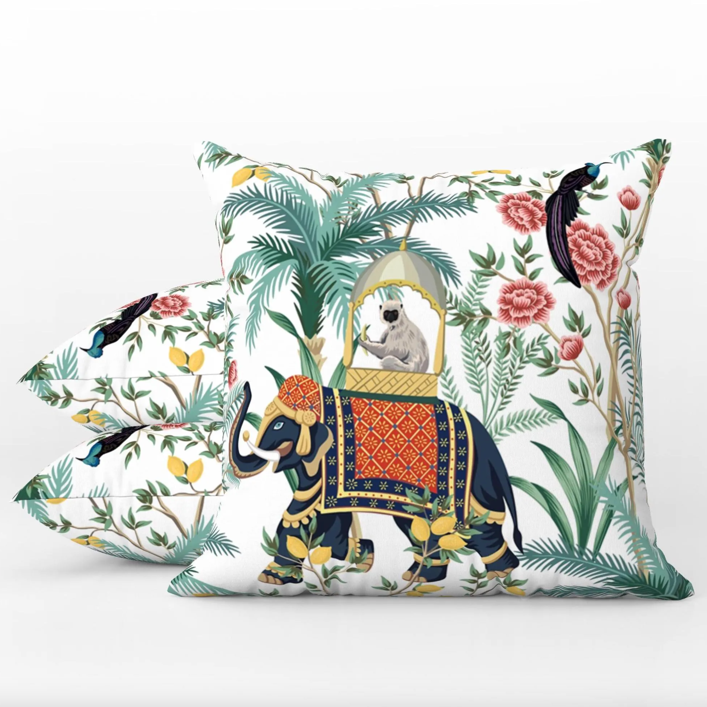 Jaipur Outdoor Pillows Chinoiserie White Monkey Elephant