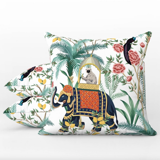 Jaipur Outdoor Pillows Chinoiserie White Monkey Elephant
