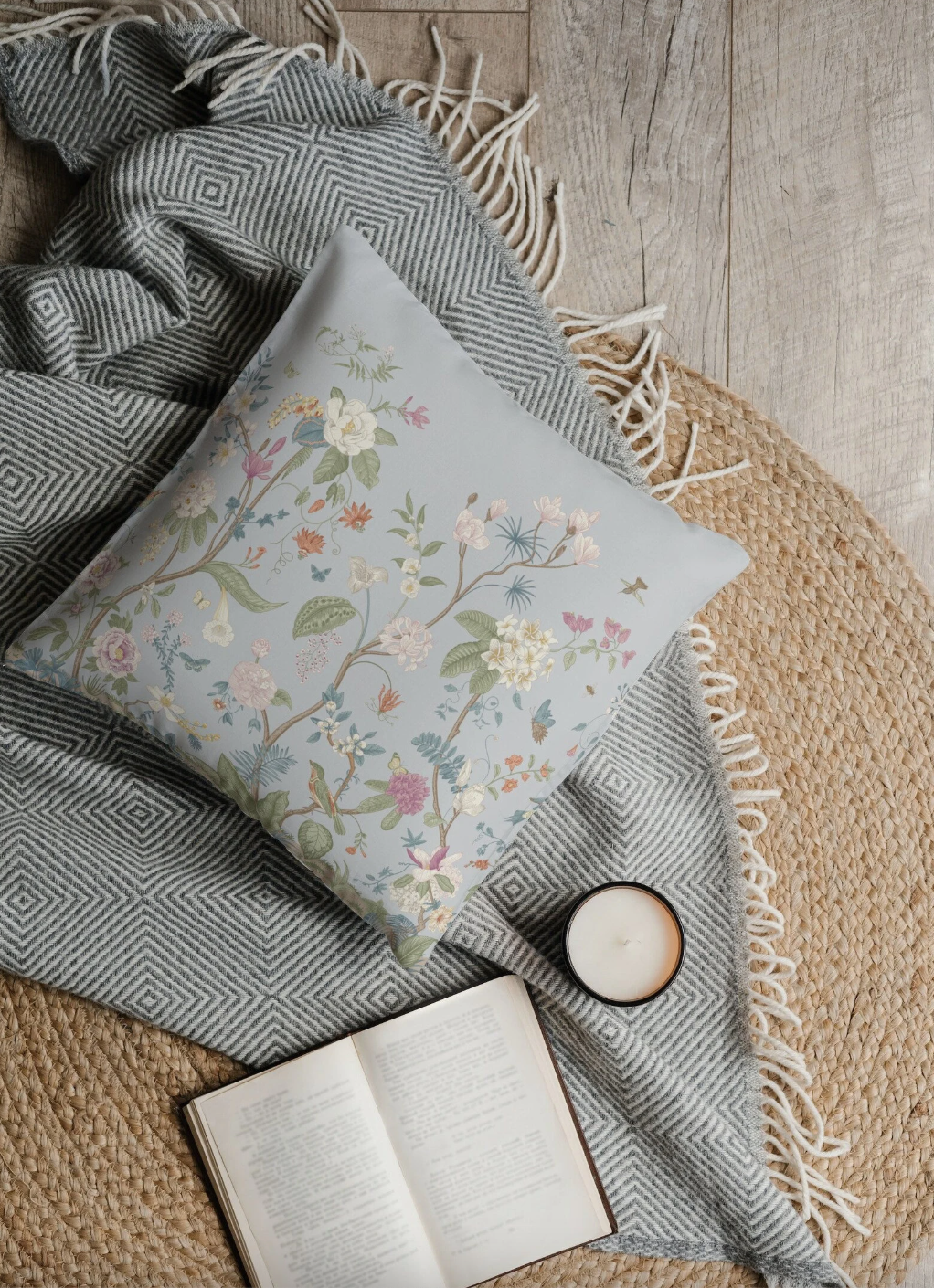 Chinoiserie Fresco Outdoor Pillows Misty Blue Floral