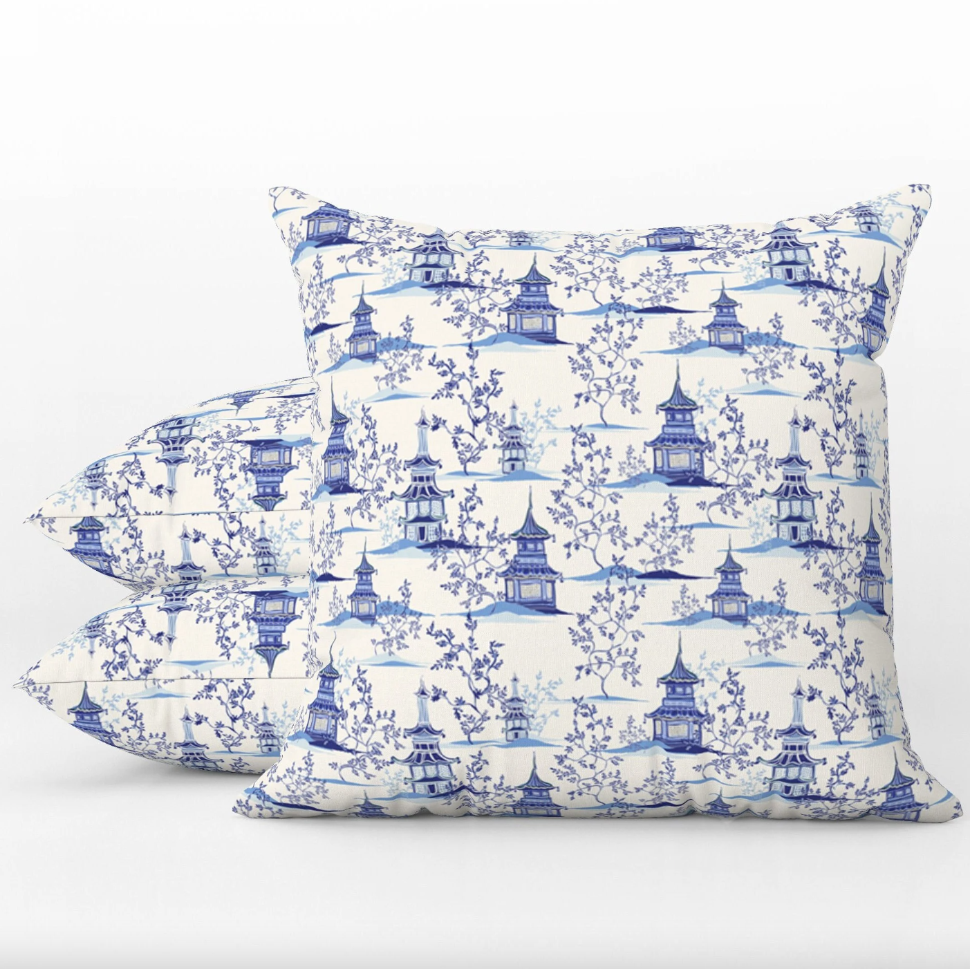 Chinoiserie Outdoor Pillows Pagoda Garden Blue & Cream