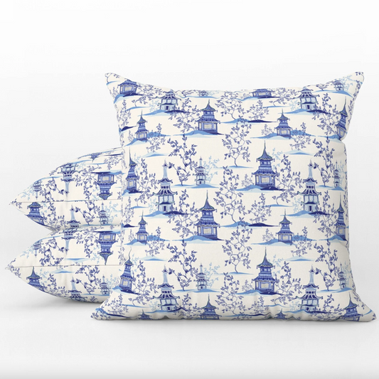 Chinoiserie Outdoor Pillows Pagoda Garden Blue & Cream