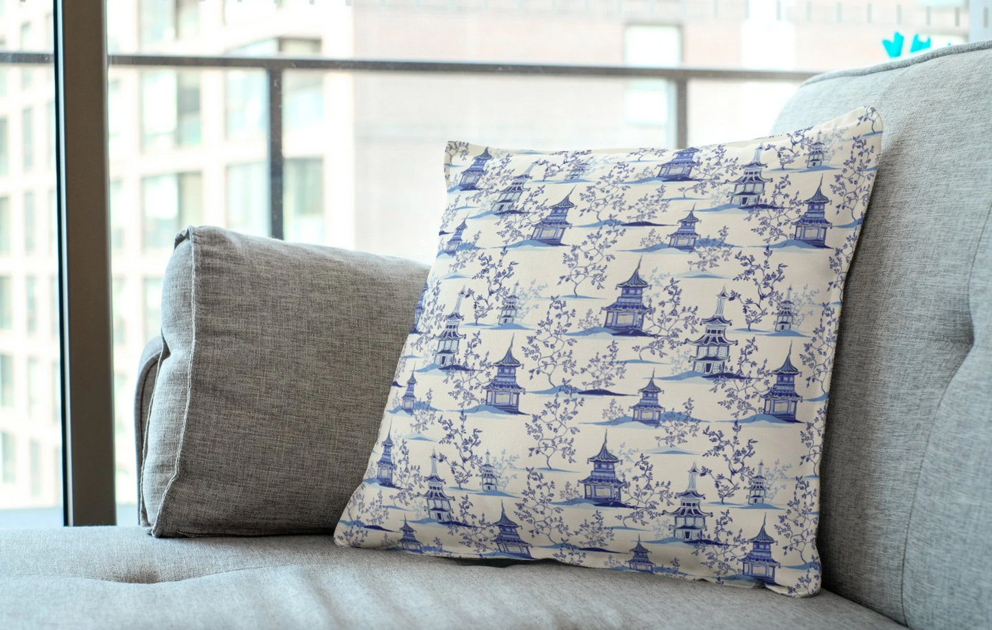 Chinoiserie Outdoor Pillows Pagoda Garden Blue & Cream