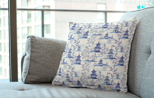 Chinoiserie Outdoor Pillows Pagoda Garden Blue & Cream