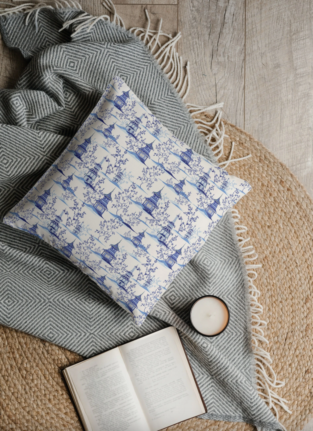 Chinoiserie Outdoor Pillows Pagoda Garden Blue & Cream