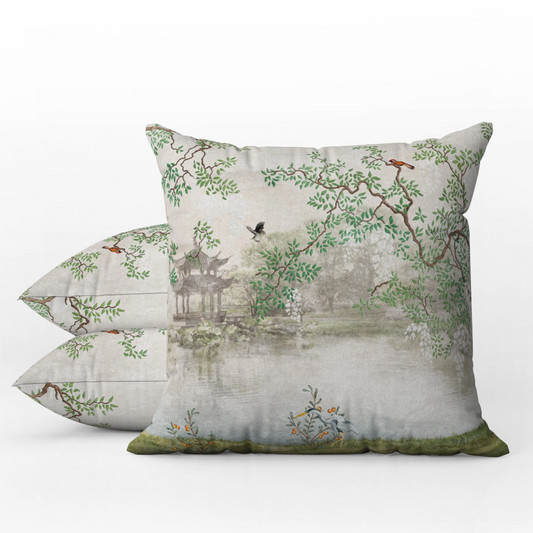 Chinoiserie Outdoor Pillows Zen Garden Misty Temple Birds