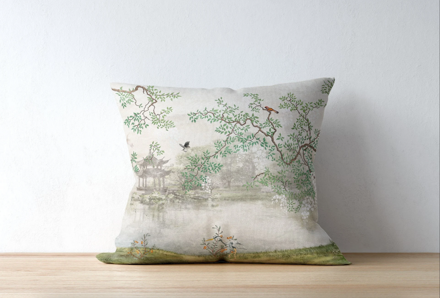 Chinoiserie Outdoor Pillows Zen Garden Misty Temple Birds