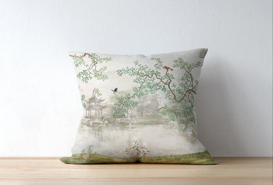Chinoiserie Outdoor Pillows Zen Garden Misty Temple Birds