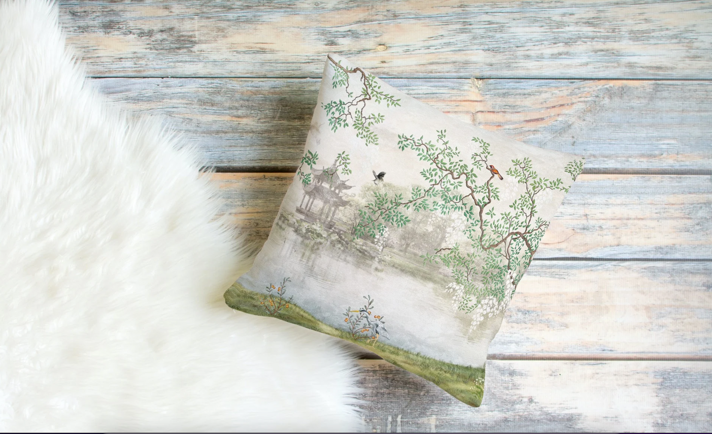 Chinoiserie Outdoor Pillows Zen Garden Misty Temple Birds
