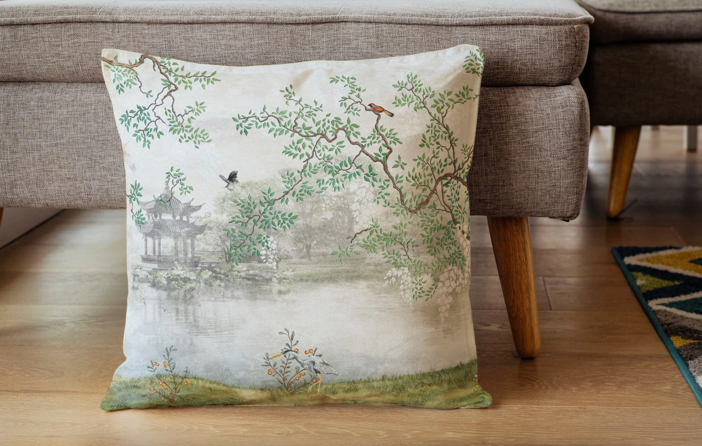 Chinoiserie Outdoor Pillows Zen Garden Misty Temple Birds