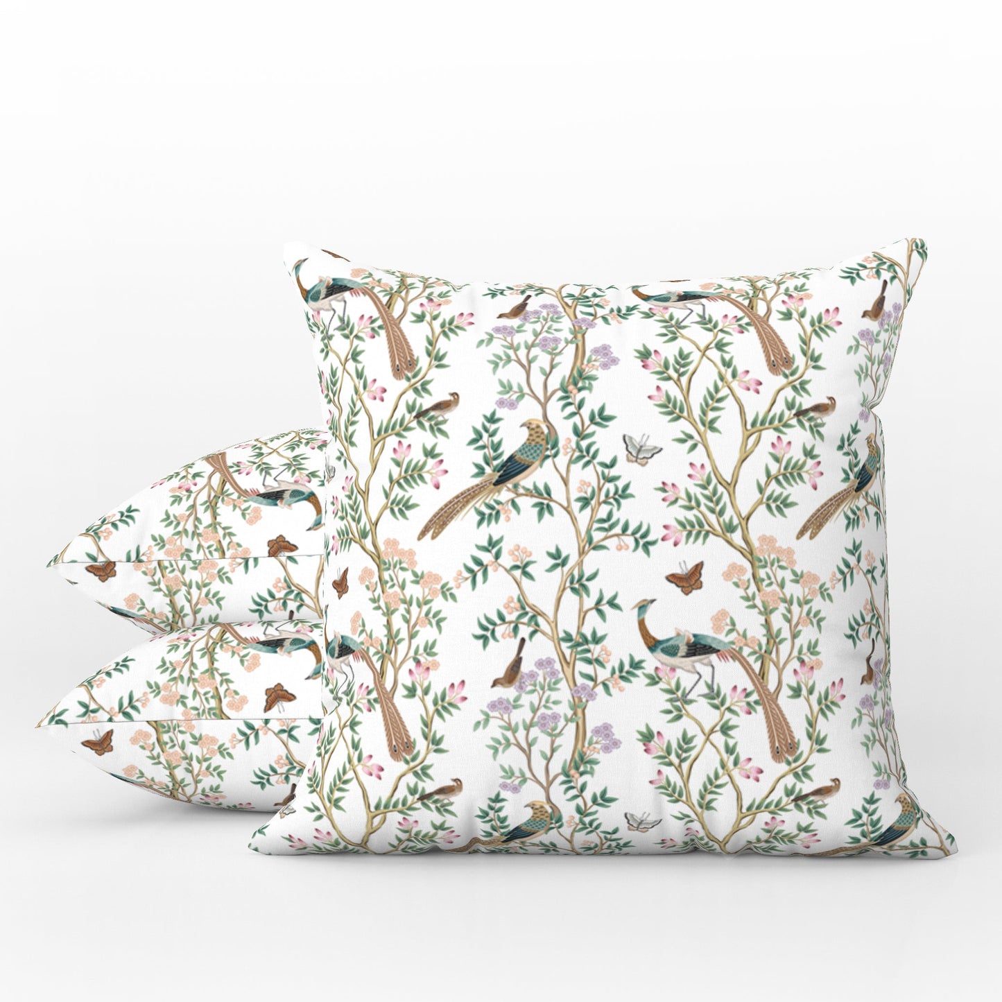 Chinoiserie Outdoor Pillows White Butterfly Bird Garden