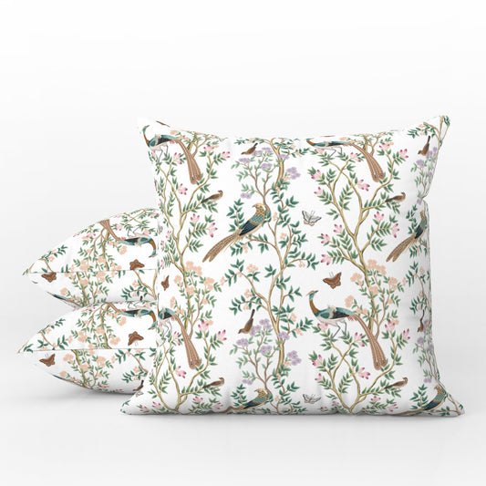 Chinoiserie Outdoor Pillows White Butterfly Bird Garden