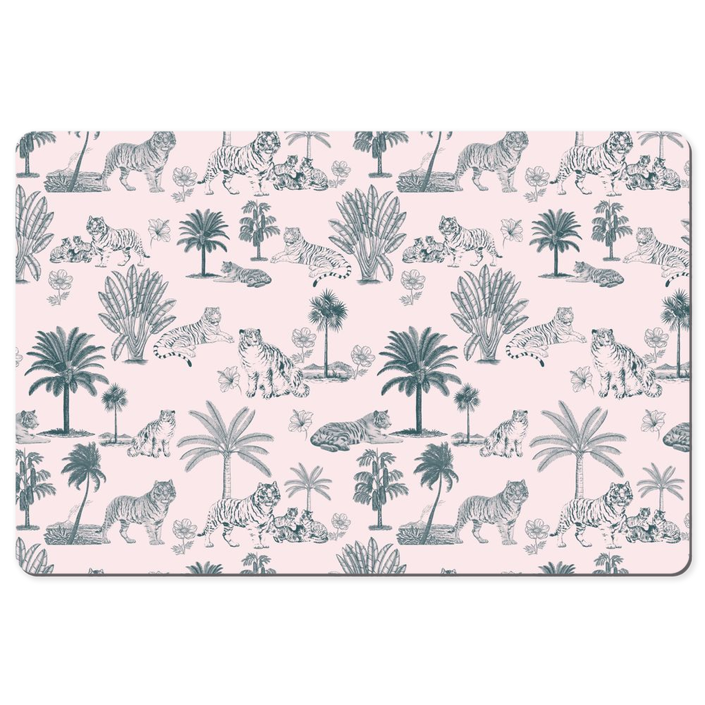 Chinoiserie Desk Mat Tiger Palm Pink Teal Toile de Jouy