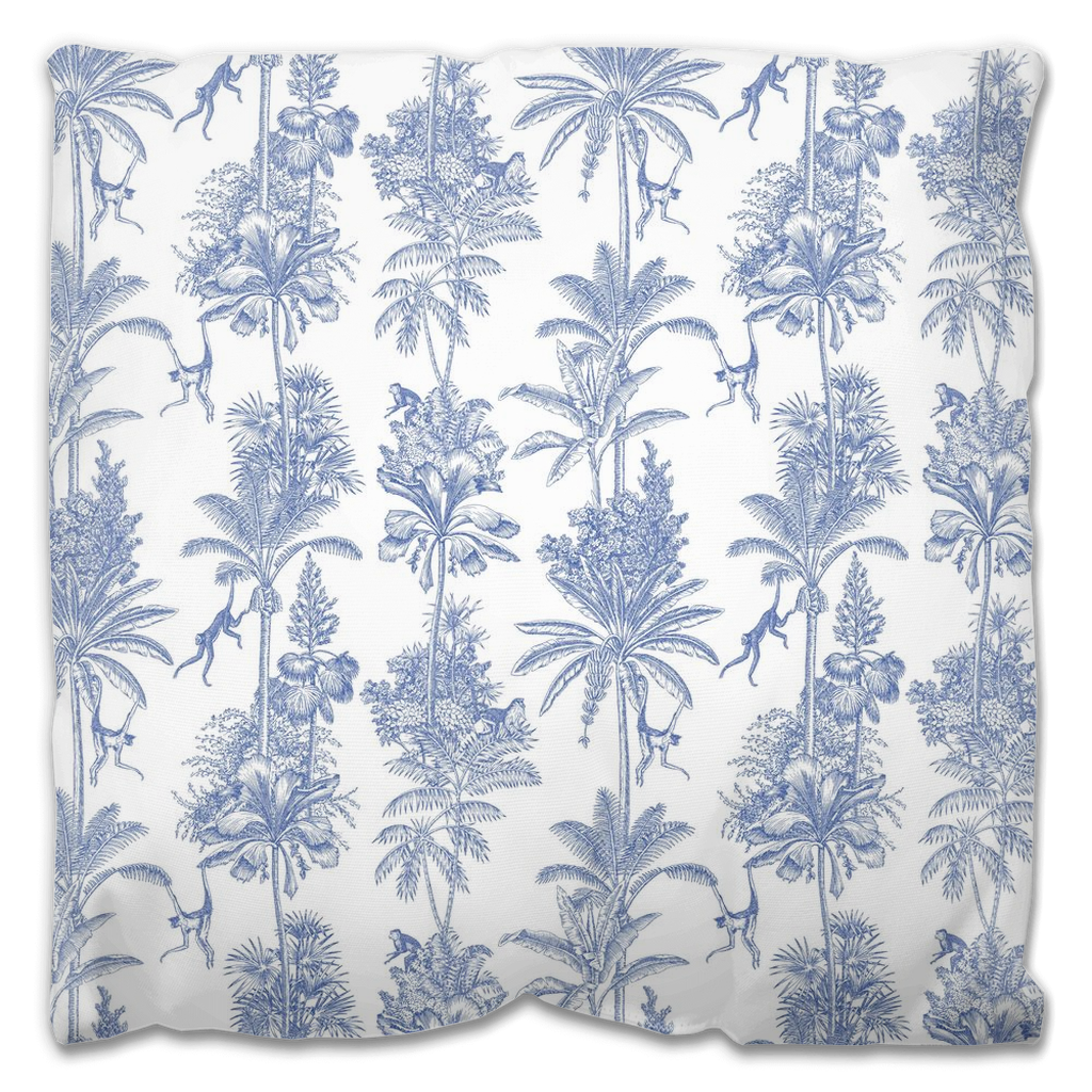 Jungle Toile Outdoor Pillows Monkey Palm Blue