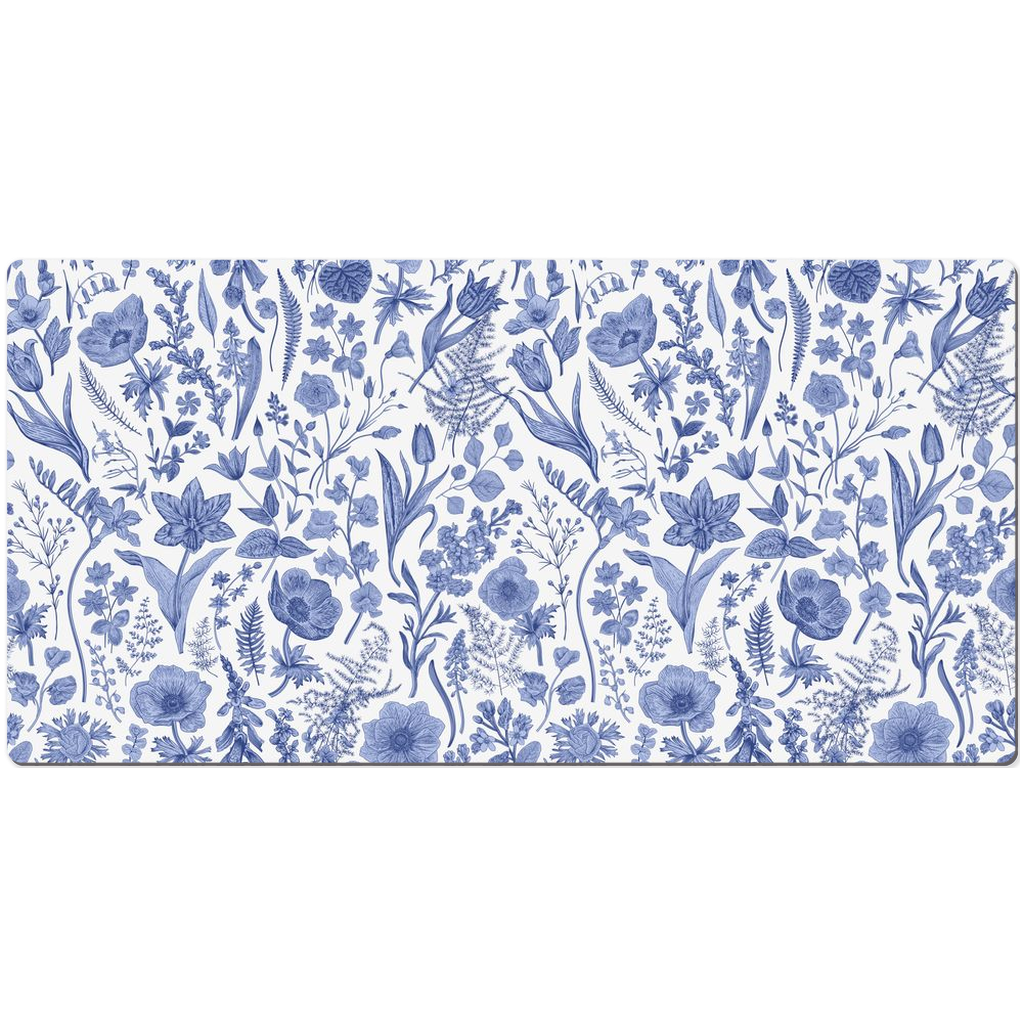 English Garden Desk Mat Blue White Floral Toile de Jouy