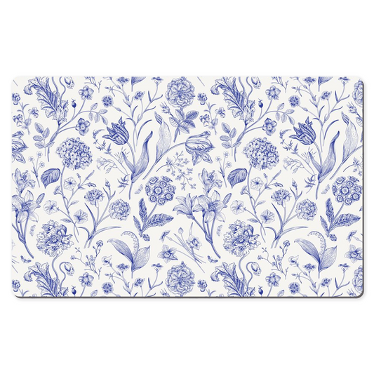 Meadow Tulips Desk Mat Blue Toile de Jouy Floral