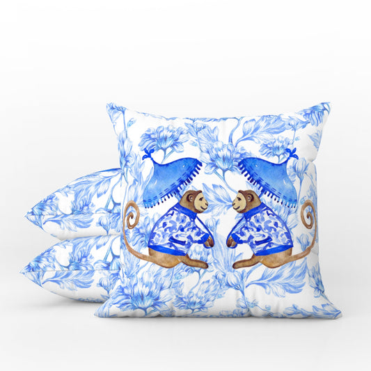 Belvedere Outdoor Pillows Chinoiserie Monkey Palm Blue