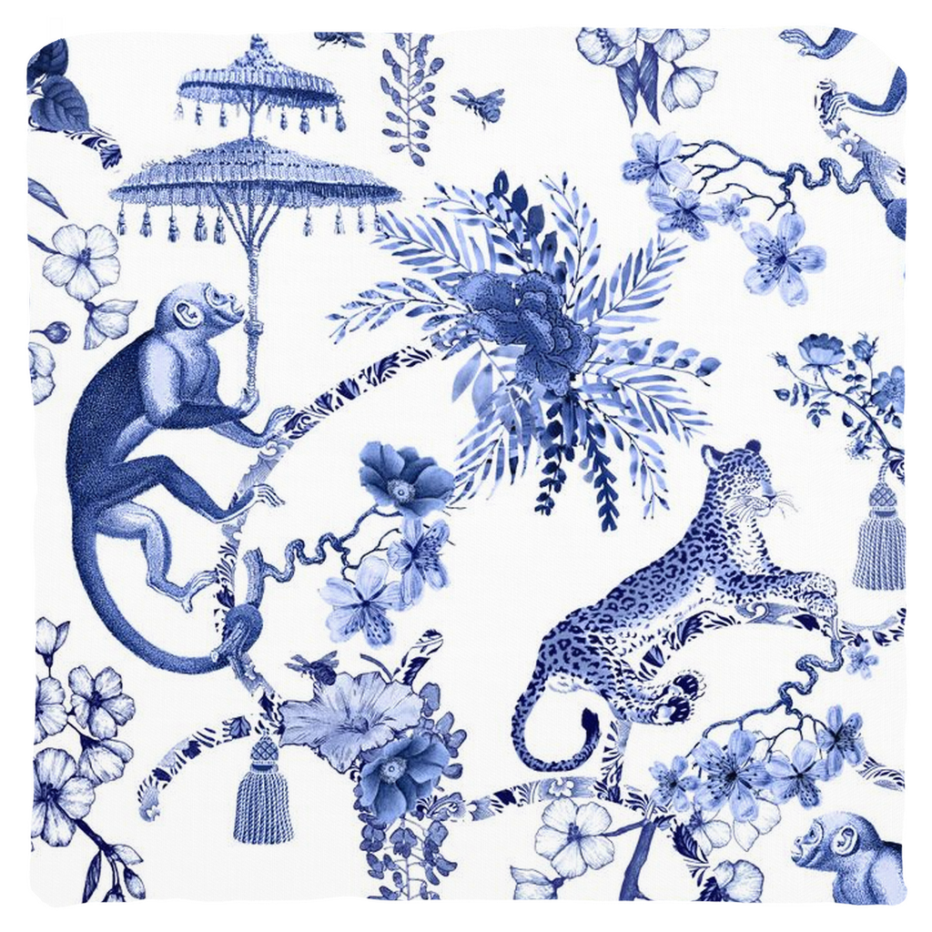 Chinoiserie Jungle Monkeys Cotton Pillows Blue