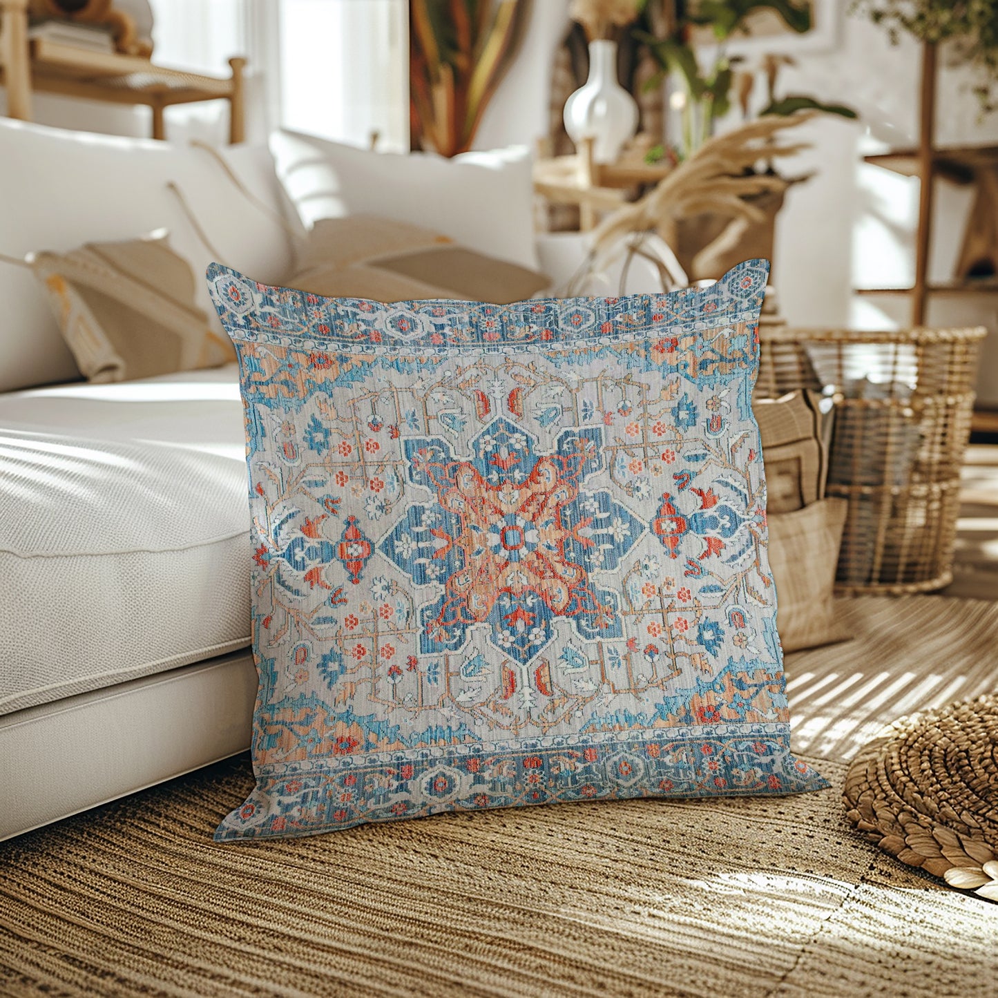 Tabriz Persian Outdoor Pillows Faded Blue Terracotta