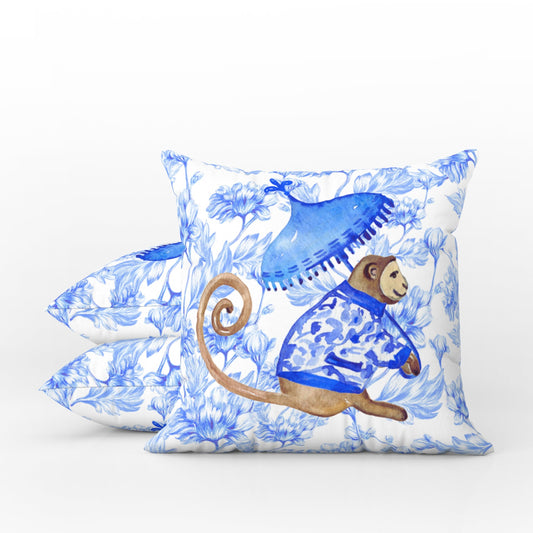 Belvedere II Outdoor Pillows Chinoiserie Monkey Palm Blue